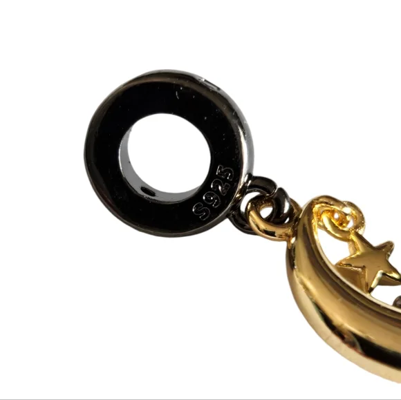 Sterling Silver Black & Gold Cat & Cresent Moon Dangle Pendant Bracelet Charm - Picture 5 of 6